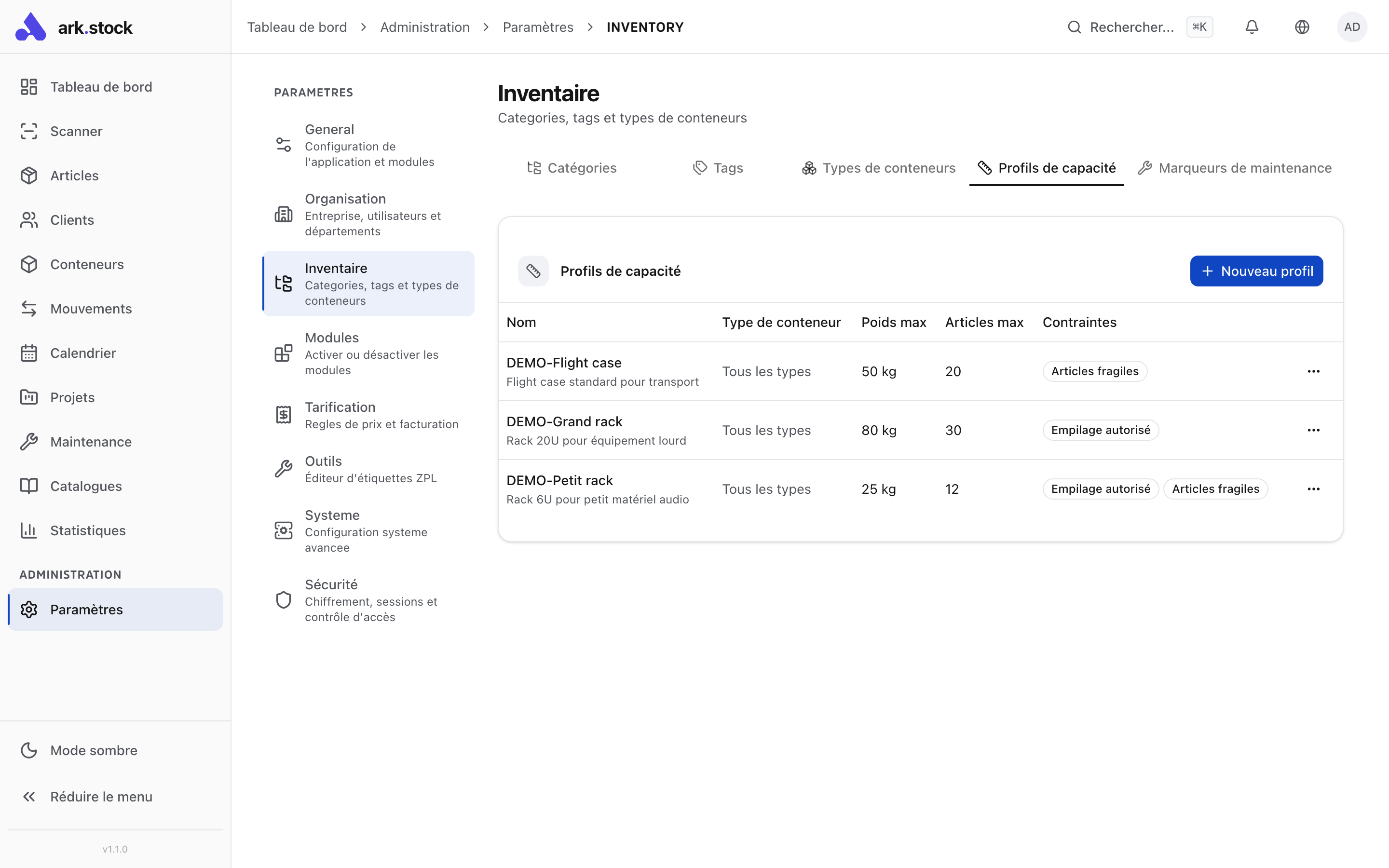 Container capacity dashboard