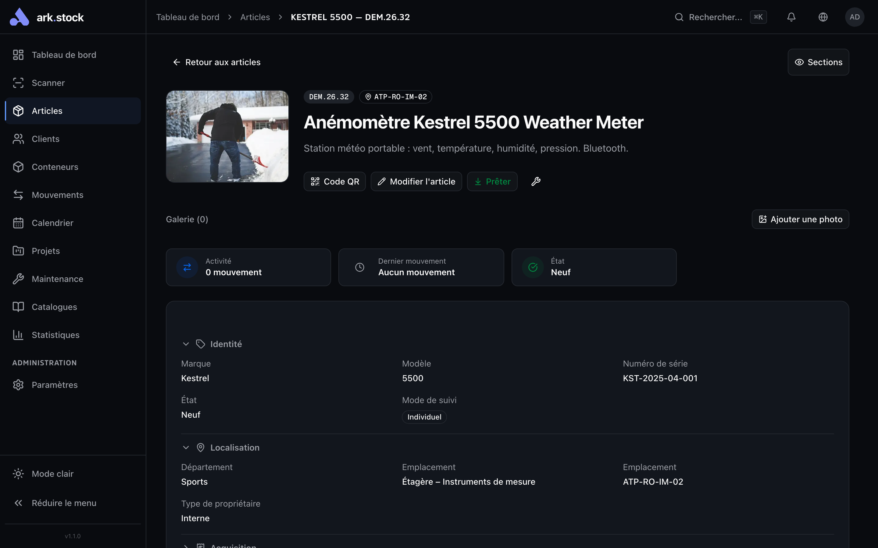 Detail view of an item in ark.stock — photos, specs, location, history.