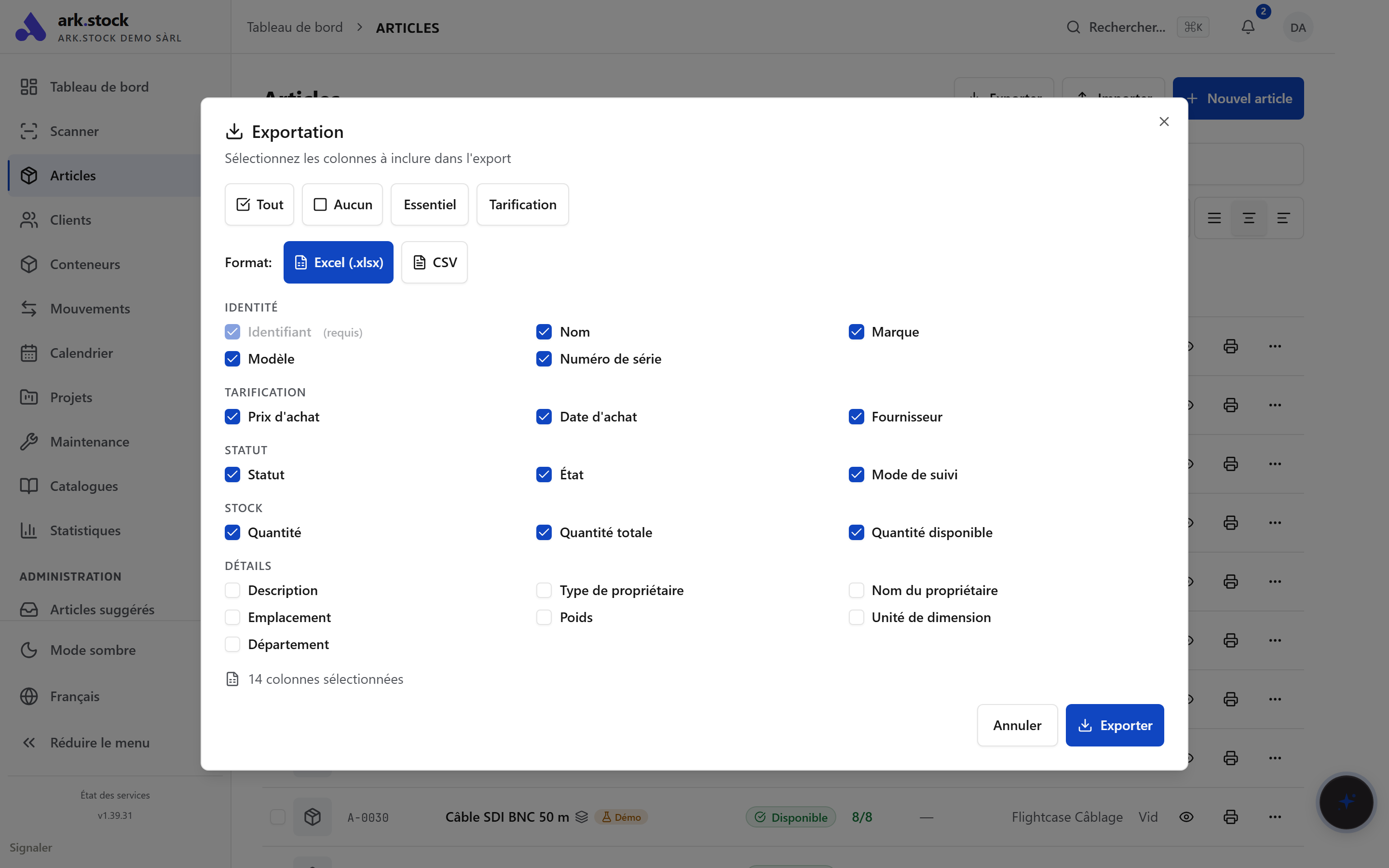 Configuration d’un export ark.stock