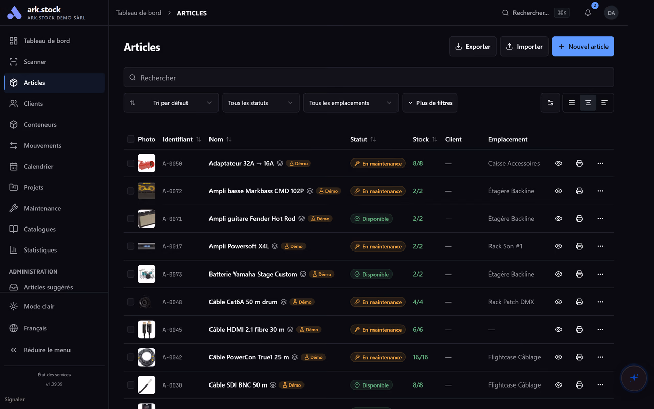 Liste complète des articles dans ark.stock