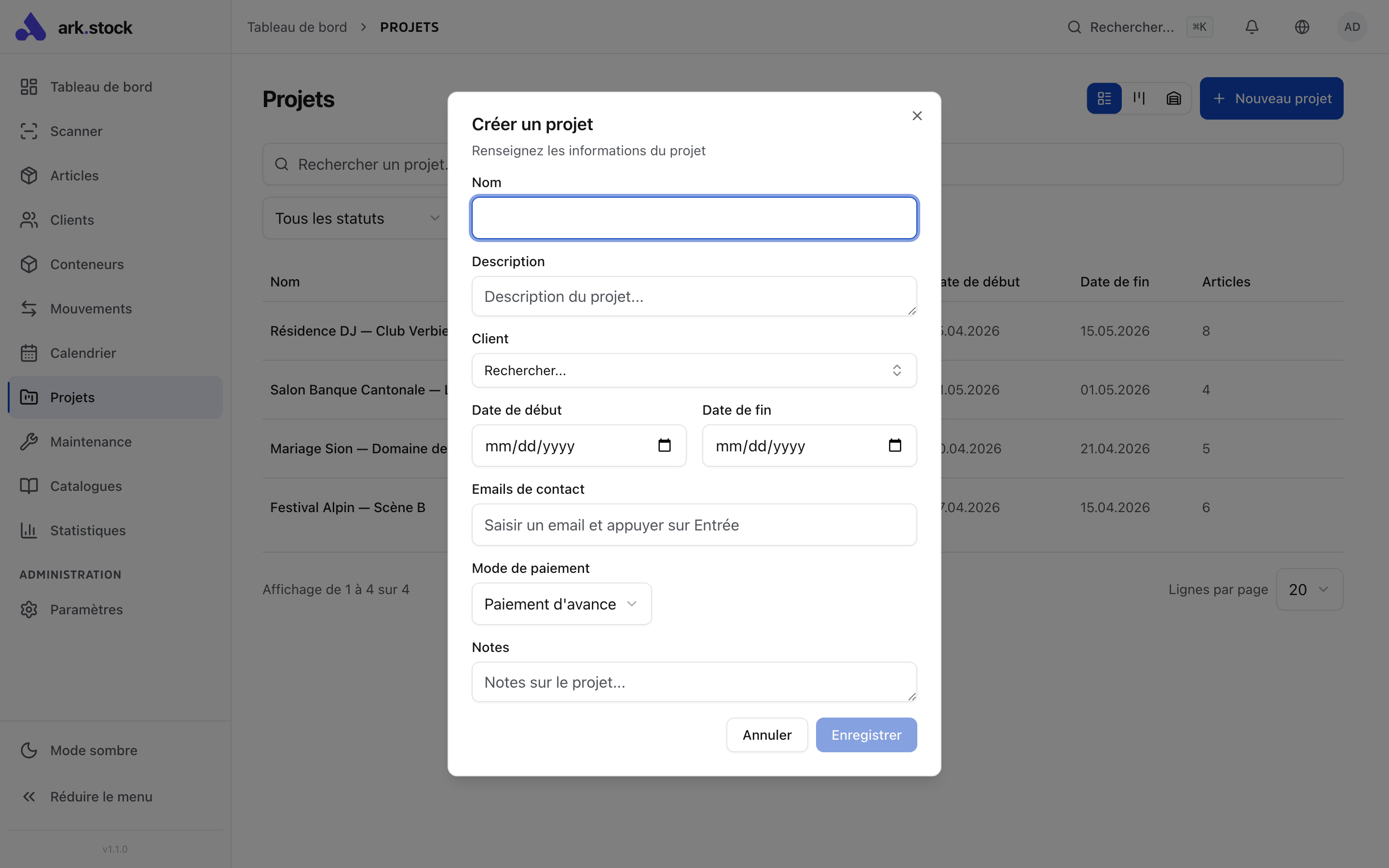 Tabelle der Positionen und Verbrauchsartikel